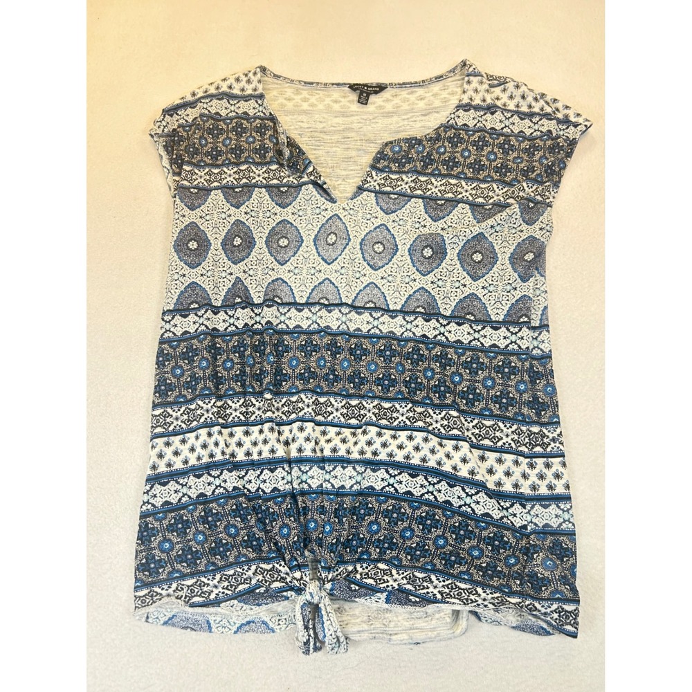 Lucky Brand Blouse Women Medium Blue Medallion Boho Tie Front V-Neck